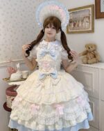Model wearing a Frilly Ribbon Dress - Hime Lolita Dress, featuring layered ruffles and bows.