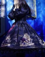 Close-up of a Gothic Lolita Dress - Dolly Kei featuring a dark floral and ship print design.