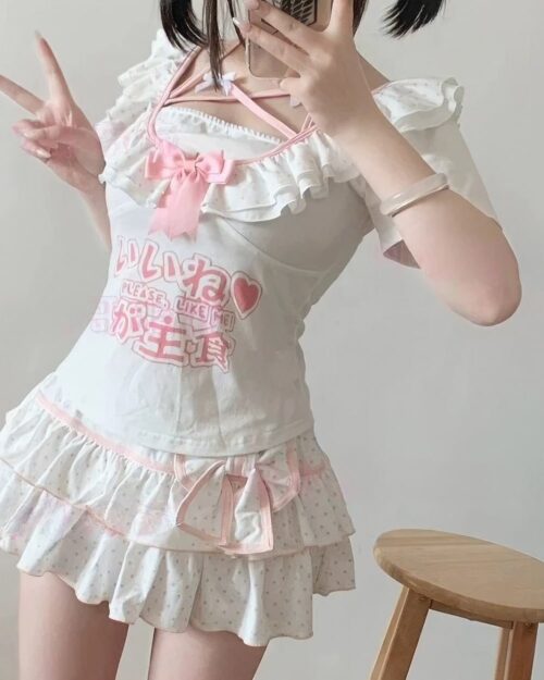 White Ruffled Cake Skirt - Yume Kawaii Skirt with pink accents and character print.