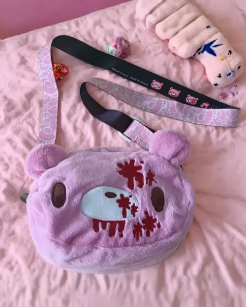 Pink Gloomy Bear Plush Bag with handles and a crossbody strap. Cutecore aesthetic.