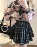 Long Sleeve Blouse – Jirai Kei Aesthetic featuring lace details, ruffles, and a plaid skirt.