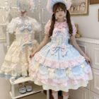 Frilly Ribbon Dress - Hime Lolita Dress, layered with lace and ruffles, complete with bonnet.