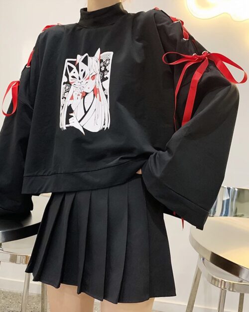 Black Kitsune Bowed Sweatshirt with anime illustration, featuring red accents and a high neck.