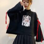 Black Kitsune Bowed Sweatshirt featuring an anime-style illustration on a long-sleeved, high-neck pullover.