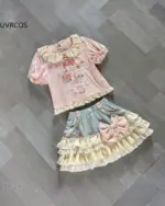 Lolita Skirt Top Set - Jojifuku Aesthetic featuring a pink & cream layered top and blue & pink ruffled skirt.
