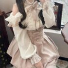 Jirai Kei Set: Beige ruffled blouse and skirt with lace detailing and a belt.