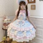 Frilly Ribbon Dress - Hime Lolita Dress in pastel blue and pink layers, with lace and a matching bonnet.