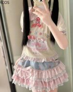 Lolita Style Skirt Top Set - Jojifuku Aesthetic product photo Yellow Set variation Lolita Style Skirt Top Set - Jojifuku Aesthetic featuring a teddy bear print top and layered skirt.