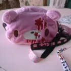 Pink Gloomy Bear Plush Bag with black strap and graphic details.