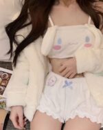 White Sanrio-inspired pajamas set with plush bunny ears and tails.