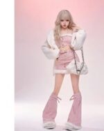 Model wearing The Fluffy Bunny Set - Coquette Aesthetic, featuring a jacket, crop top, skirt, and boots.