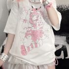 White Animecore Aesthetic Tee featuring a pink anime illustration with character and floral details.