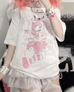 White Animecore Aesthetic Tee featuring a pink anime illustration with character and floral details.