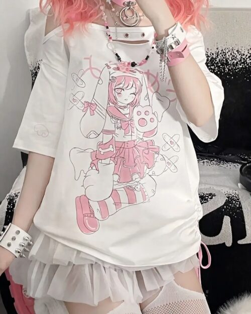 White Animecore Aesthetic Tee featuring a pink anime illustration with character and floral details.