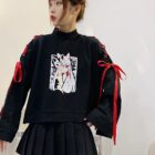 Black Kitsune Bowed Sweatshirt featuring a graphic print and red ribbon accents. Animecore style.