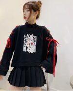 Black Kitsune Bowed Sweatshirt featuring a graphic print and red ribbon accents. Animecore style.