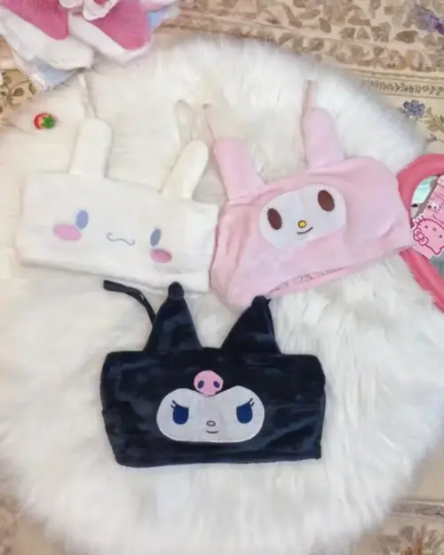 Sanrio-inspired pajamas featuring My Melody, Kuromi, and Chococat in plush pouches.