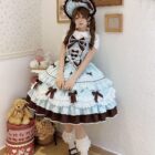 A Frilly Ribbon Dress - Hime Lolita Dress featuring layers of blue and brown ruffles, paired with a bonnet and matching accessories.