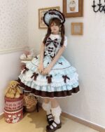 A Frilly Ribbon Dress - Hime Lolita Dress featuring layers of blue and brown ruffles, paired with a bonnet and matching accessories.