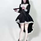 Black Nun Dress - Gothic Aesthetic, detailed with lace and a high slit; a dark and dramatic costume.