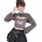 Butterfly Top Two Piece Set - Grunge Aesthetic featuring a gray cropped sweater with a butterfly graphic and a black pleated skirt.