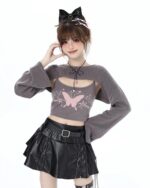 Butterfly Top Two Piece Set - Grunge Aesthetic featuring a gray cropped sweater with a butterfly graphic and a black pleated skirt.