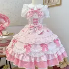 Pink Hime Lolita Dress featuring layered ruffles, ribbons, and bows. A detailed Lolita aesthetic garment.