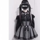 Black Jirai Kei Clothing Set: Top and skirt outfit with lace, mesh, and corset details.