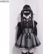 Black Jirai Kei Clothing Set: Top and skirt outfit with lace, mesh, and corset details.