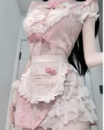 Pink Maid Dress - Dollette Aesthetic mini dress featuring lace, ruffles, and a frilled apron.