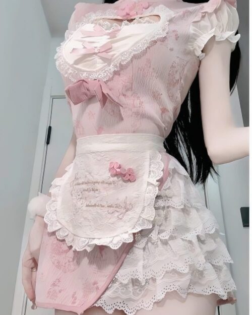 Pink Maid Dress - Dollette Aesthetic, a layered mini dress with ruffles and lace details.