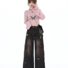 Butterfly Top Two Piece Set - Grunge Aesthetic: A pink sweater with a butterfly print paired with wide-leg cargo pants.