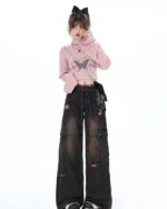 Butterfly Top Two Piece Set - Grunge Aesthetic: A pink sweater with a butterfly print paired with wide-leg cargo pants.