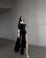 Black Anime Nun Costume Halloween Edition featuring a hooded robe, gloves, and crucifix.