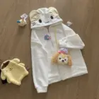 Cream Neko Hoodie - Jojifuku Aesthetic, white zip-up hoodie with plush cat and dog accessories.