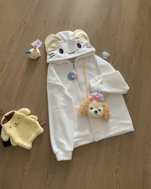 Cream Neko Hoodie - Jojifuku Aesthetic, white zip-up hoodie with plush cat and dog accessories.