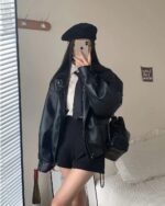Black Korean Style Jacket worn by a person, preppy aesthetic.