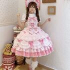 Pink Frilly Ribbon Dress - Hime Lolita Dress, layered with lace and ruffles, complete with hat and socks.