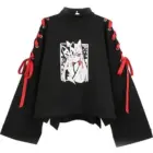Black Kitsune Bowed Sweatshirt with anime illustration and red accents.