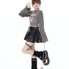 Butterfly Top Two Piece Set - Grunge Aesthetic showcasing a woman in a gray crop top and layered skirt.