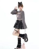 Butterfly Top Two Piece Set - Grunge Aesthetic showcasing a woman in a gray crop top and layered skirt.