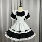 Black and white Kawaii Maid Uniform Set, short sleeves, ruffles, and bow details.