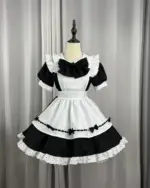 Black and white Kawaii Maid Uniform Set, short sleeves, ruffles, and bow details.