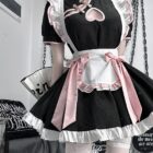 Black and pink Kawaii Maid Dress with frills, bow, and lace trim. Cute cosplay outfit.