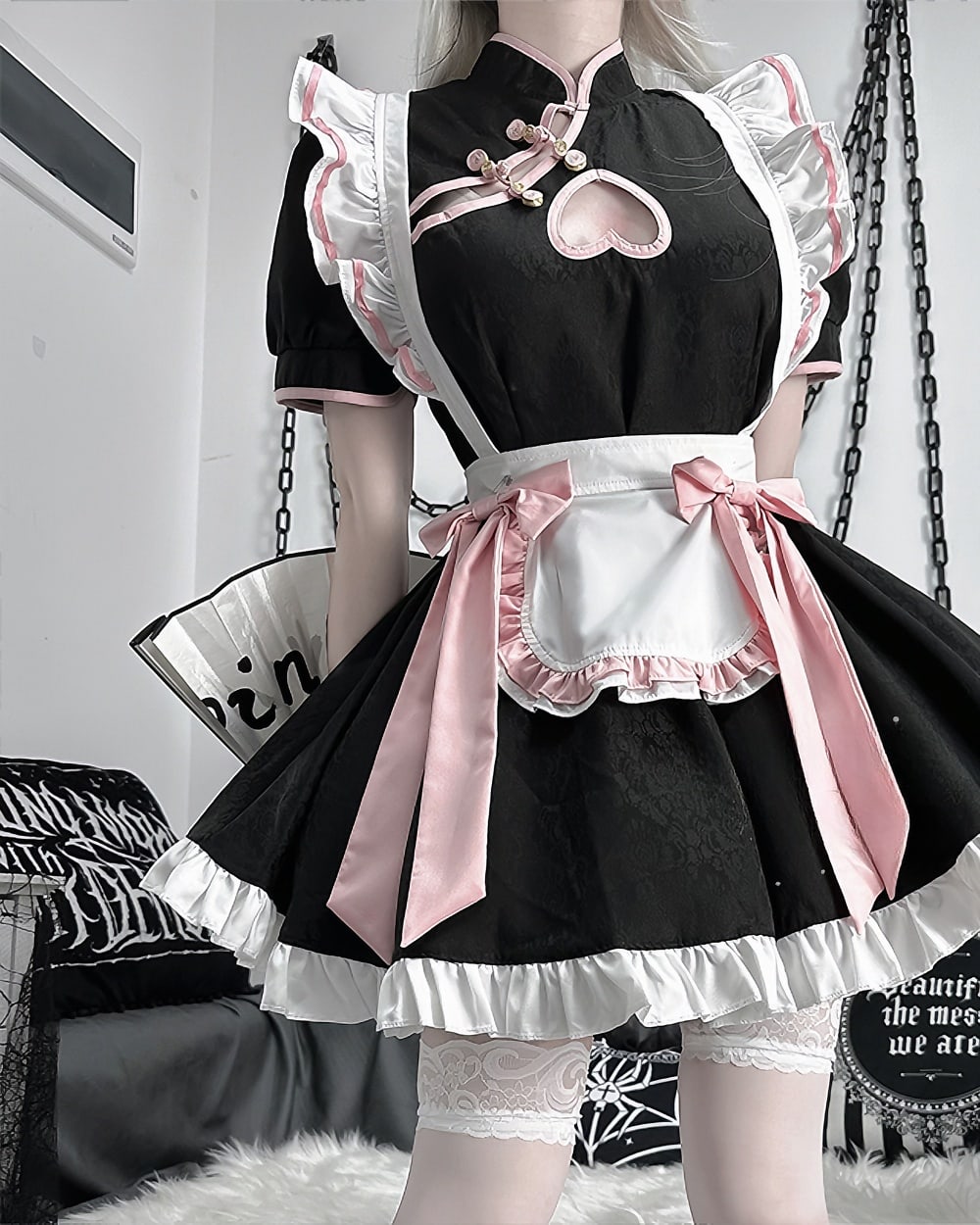 Cosplay Maid Dress - Kawaii Clothes product photo 1 Black and pink Kawaii Maid Dress with frills, bow, and lace trim. Cute cosplay outfit.
