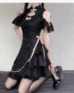 Black Qi Lolita Dress featuring a high neck, ruffled sleeves, and a layered skirt. A cute cheongsam-style outfit.