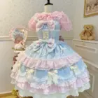 Frilly Ribbon Dress - Hime Lolita Dress, layered with lace and ruffles in blue and pink.