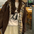 Brown College Style Zip Up Hoodie with a plaid design and cat graphic.