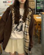 Brown College Style Zip Up Hoodie with a plaid design and cat graphic.