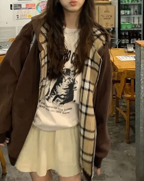 Brown College Style Zip Up Hoodie with a plaid design and cat graphic.
